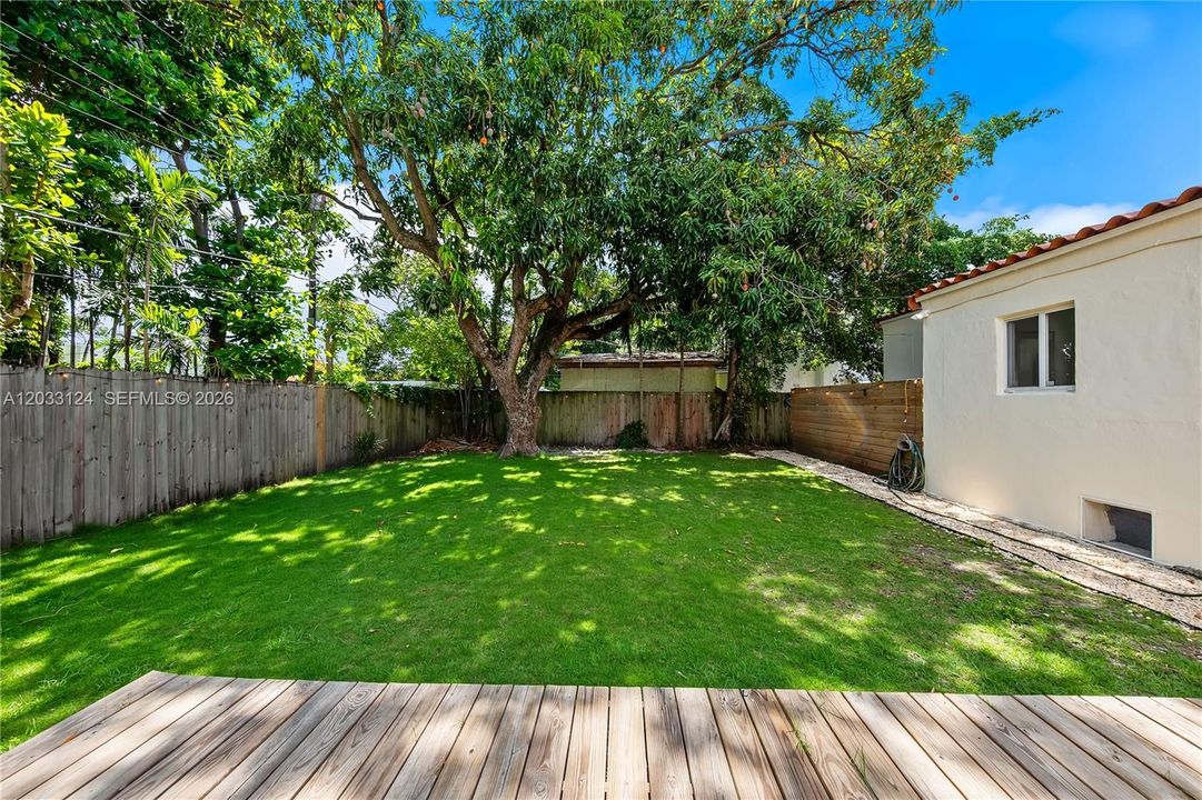 Large yard with mango tree and deck