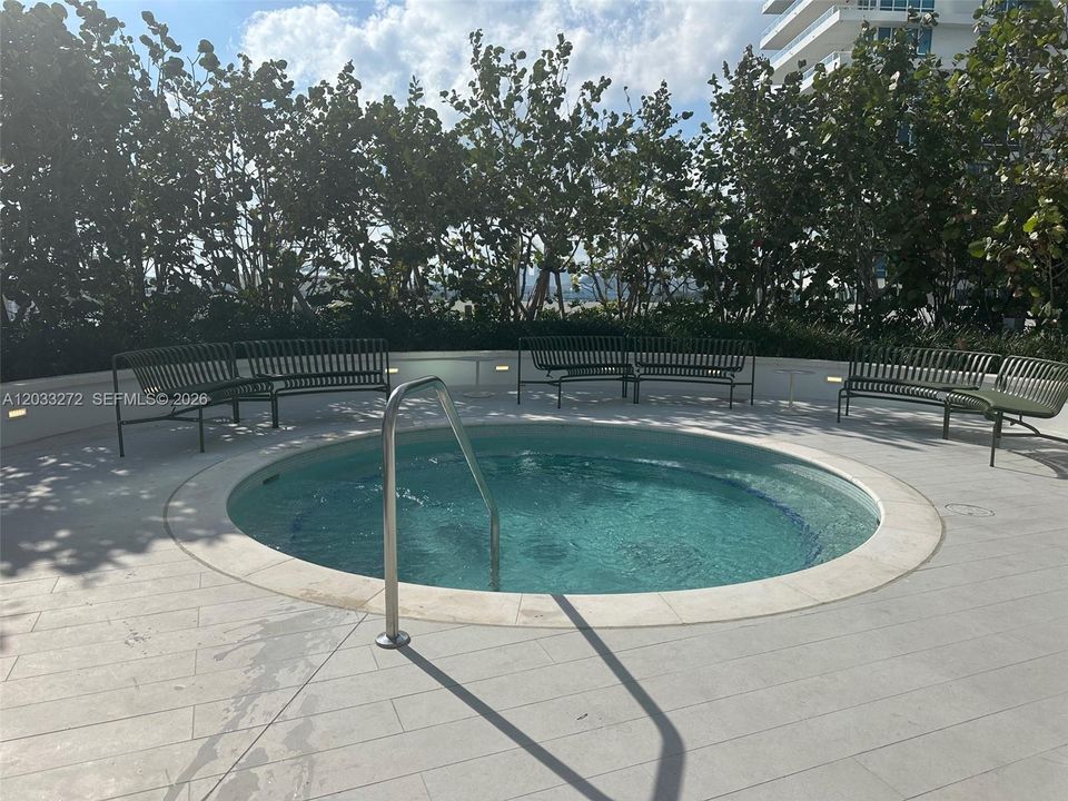 Circular spa featuring a stone coping edge, metallic handrail, perimeter landscape screening, and stone tile decking with integrated low-voltage lighting