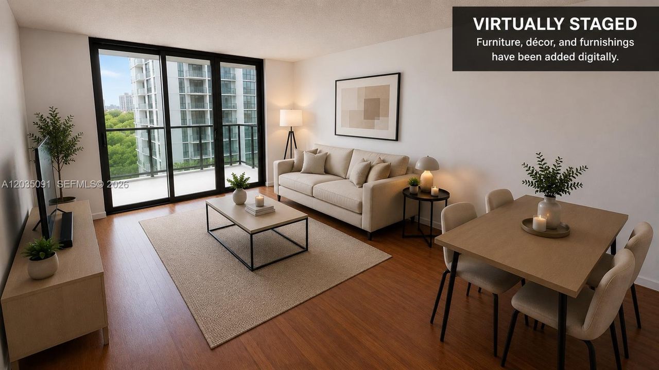 VIRTUALLY STAGED Furniture, décor, and furnishings have been added digitally
