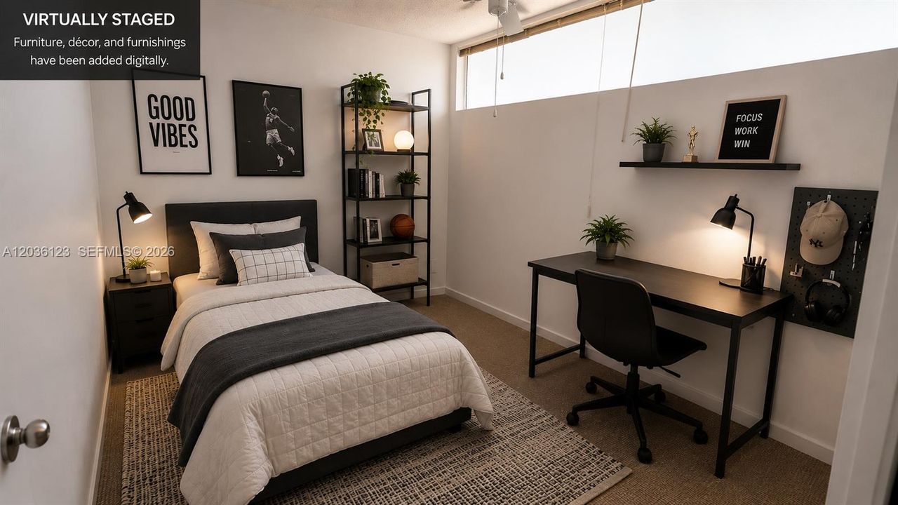 VIRTUALLY STAGED Furniture, décor, and furnishings have been added digitally