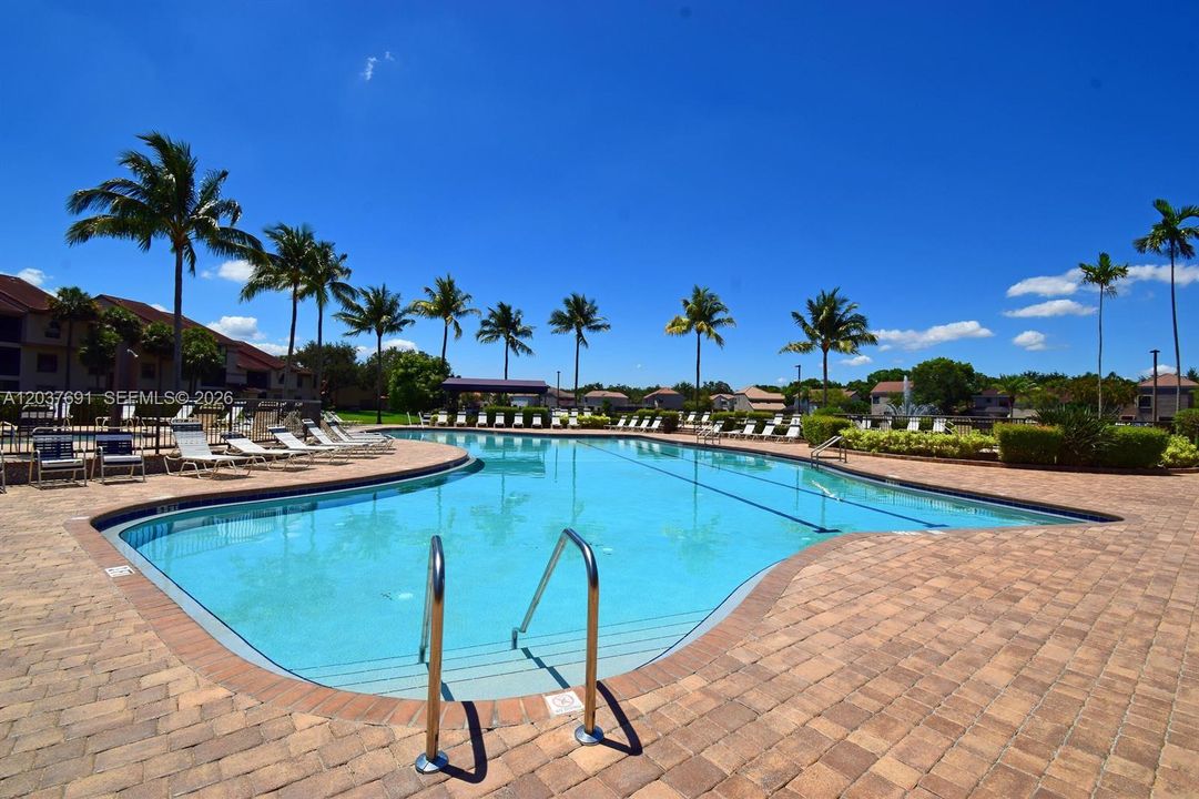 Sparkling pool surrounded by tropical palms creates a true resort-inspired ambiance