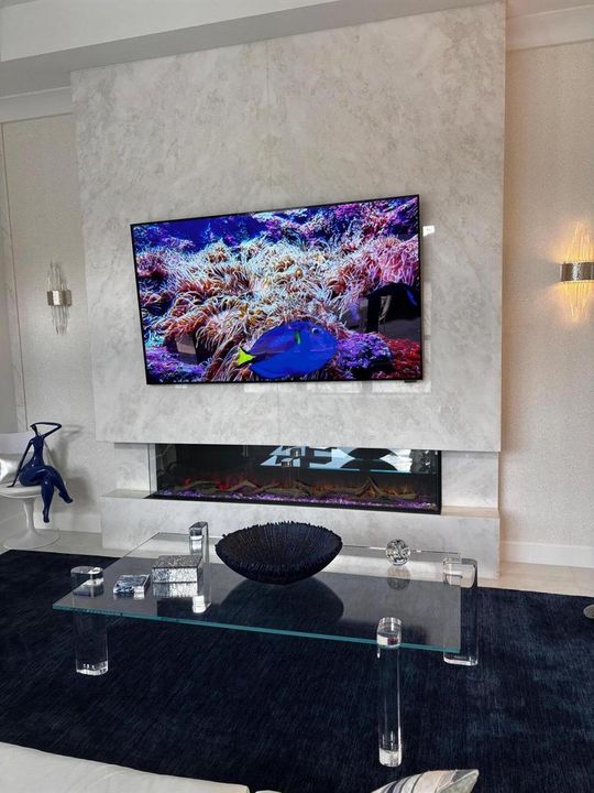 Marble Wall w Fireplace Sconces Wallpa