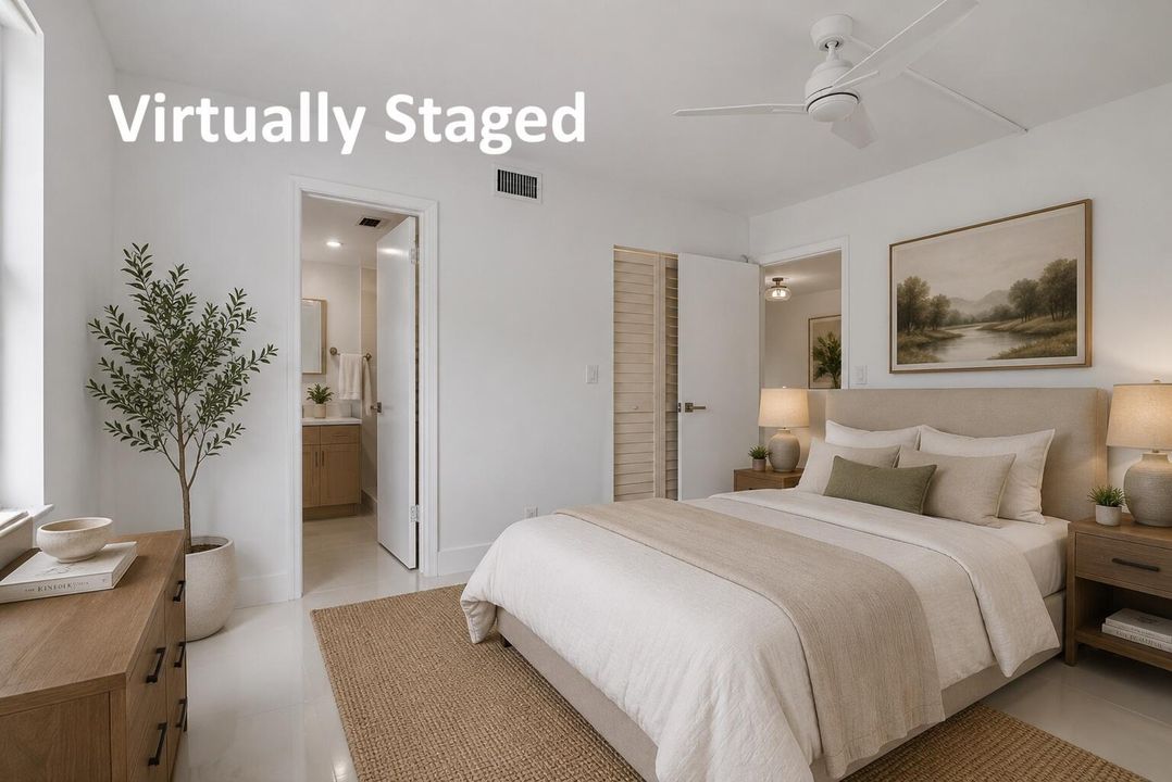 Primary bedroom virtually staged labeled