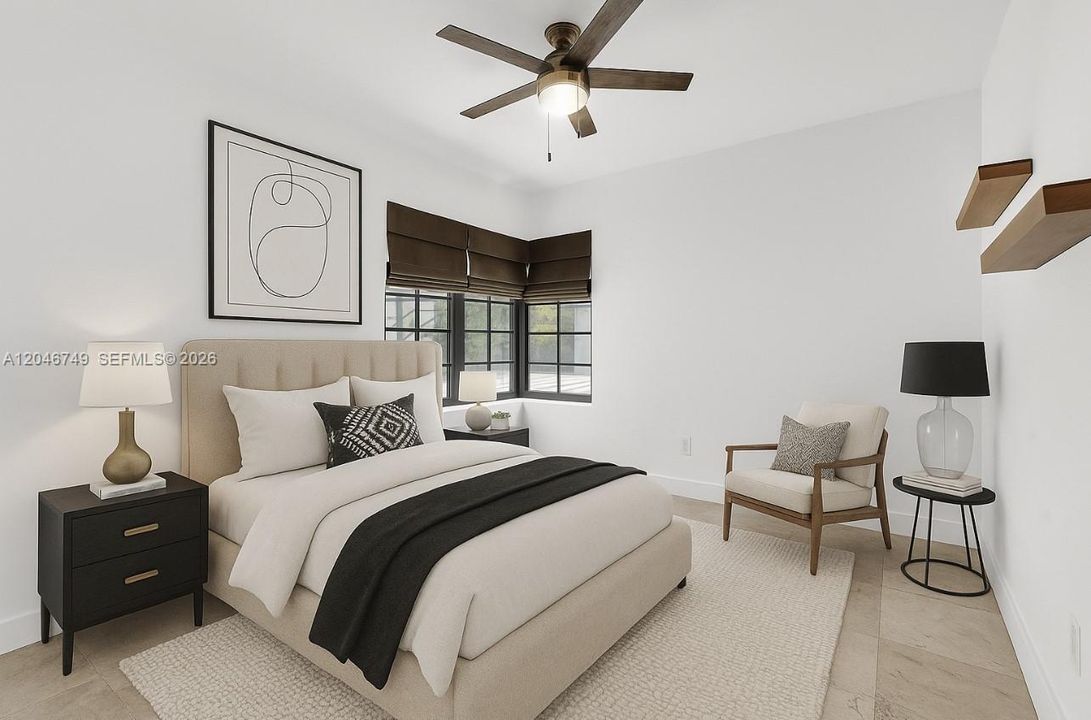 Virtually rendered furniture and decor primary bedroom
