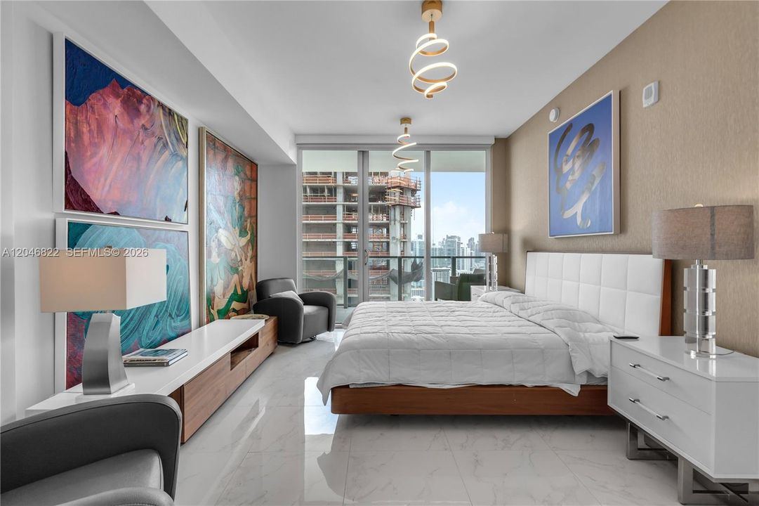 Bedroom with city and bay outlook and custom nightstands