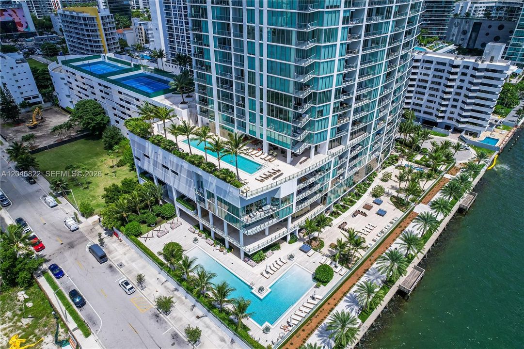 Aerial of the Biscayne Beach pool deck and bayfront setting