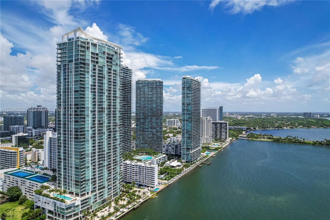 Aerial of Edgewater towers along Biscayne Bay, Miami