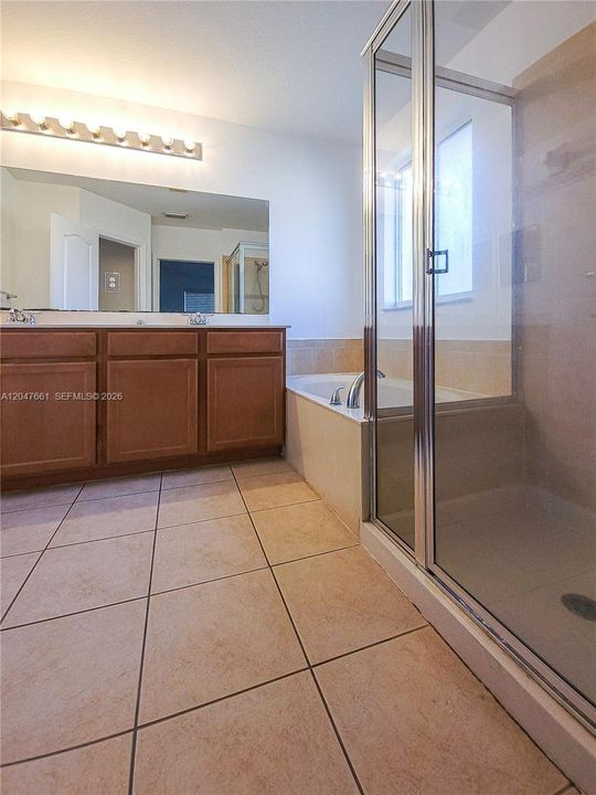Spacious primary ensuite bathroom with single vanity, tub/shower combination, and private water closet.