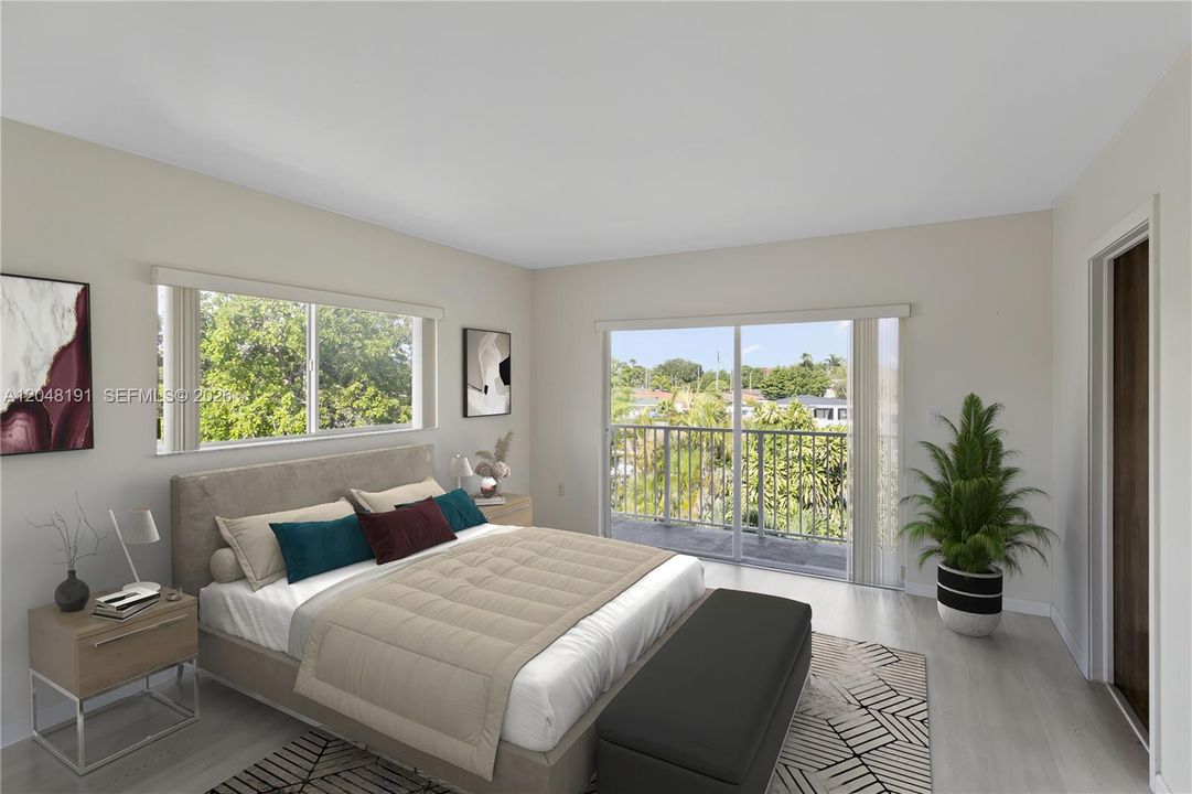 Master bedroom with balcony facing back yard