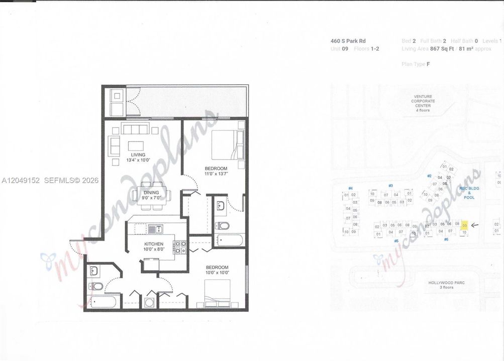For Sale: $300,000 (2 beds, 2 baths, 867 Square Feet)