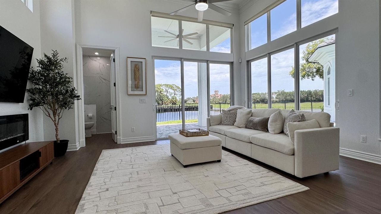 Family room view of sofa waterway and cl