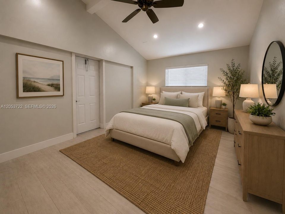 Virtually staged bedroom with private side entrance