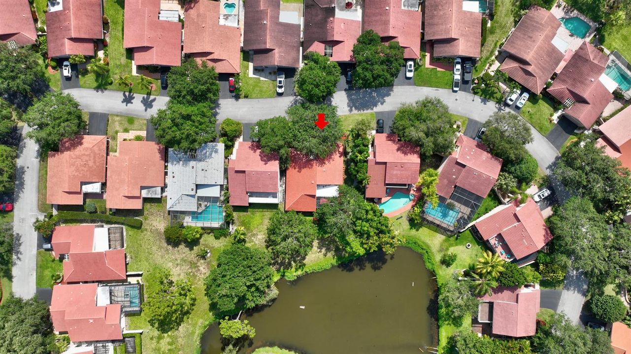 Aerial view shows neighborhood homes.