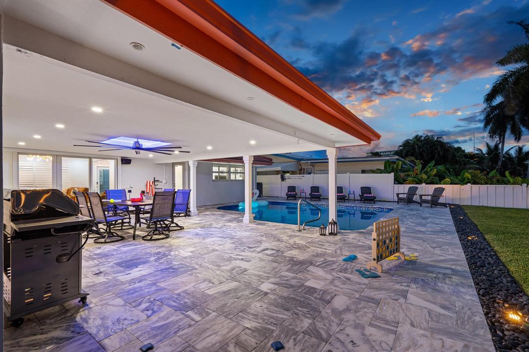 Covered Patio & Pool at Twilight