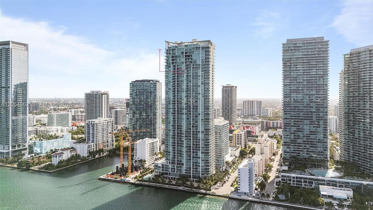 Aerial view of Biscayne Beach towers on Biscayne Bay, Edgewater Miami
