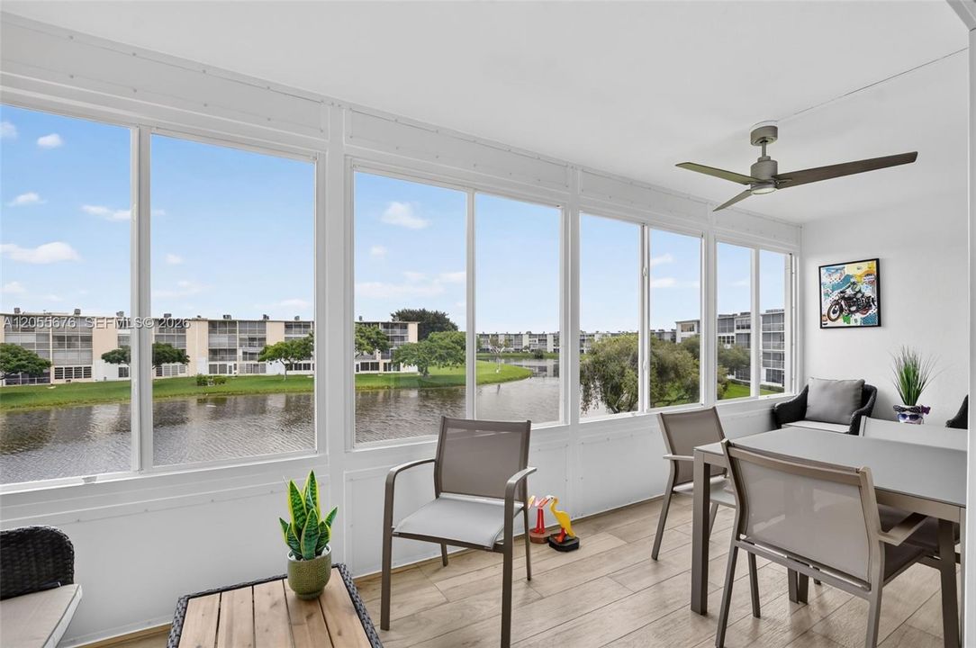 Sliding impact windows allow air in on cooler days and protection from the elements.
