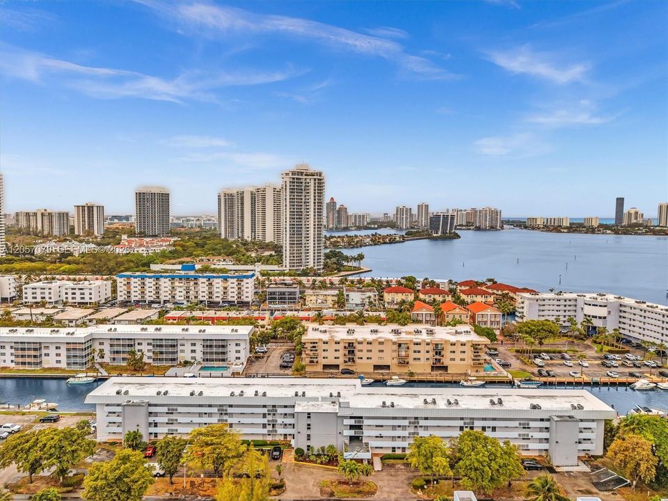 Aerial view of water and city skyline