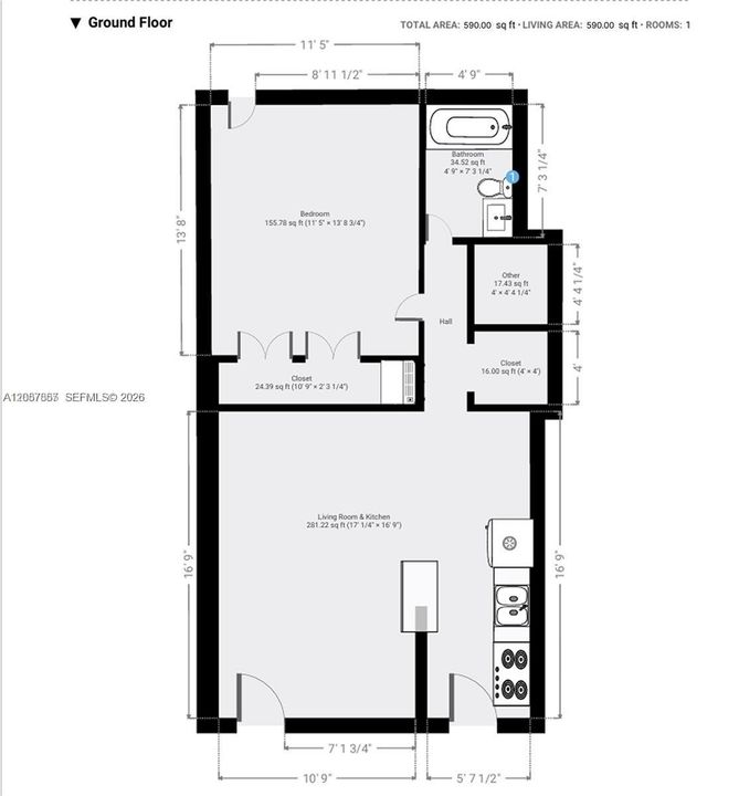 В аренду: $2,950 (1 спален, 1 ванн, 590 Квадратных фут)