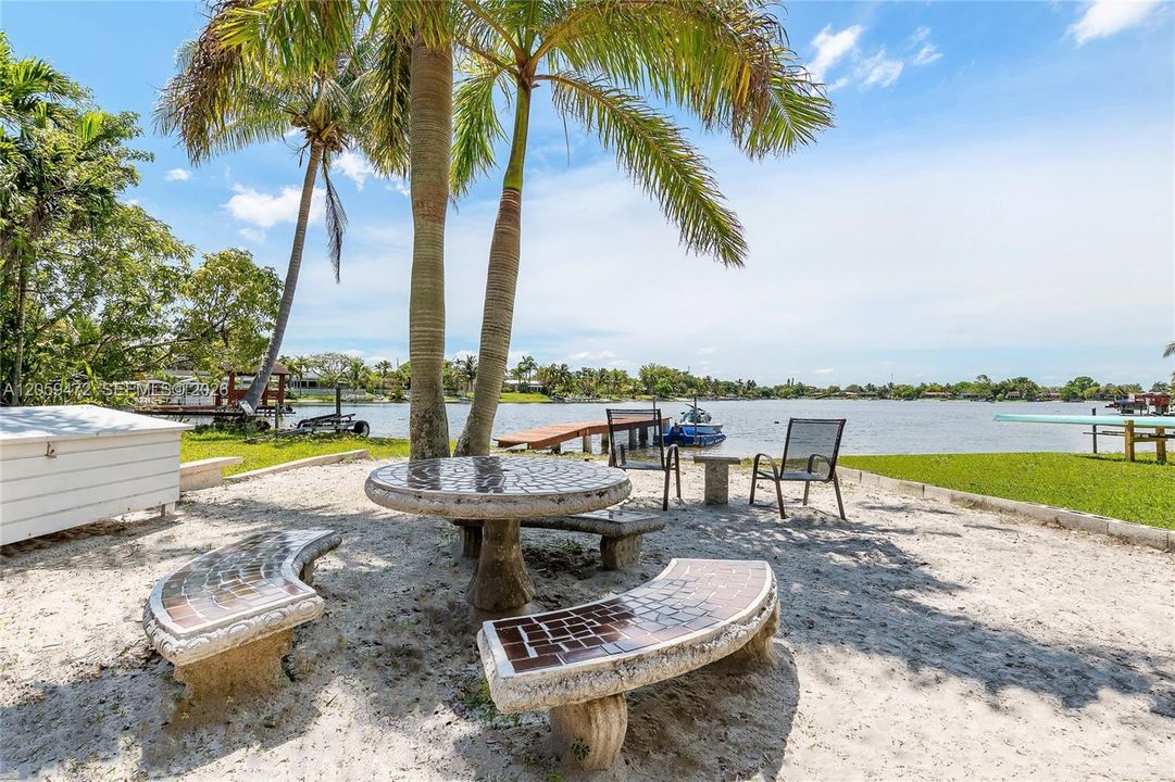 A dream come true — your own private lakefront beach, complete with lounge seating and stunning water views.