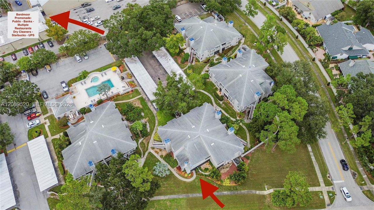 Ariel view of unit's location walking distance to the Bardmoor Promenade