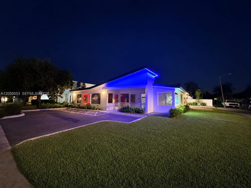 Beautiful exterior lighting enhances nighttime visibility.