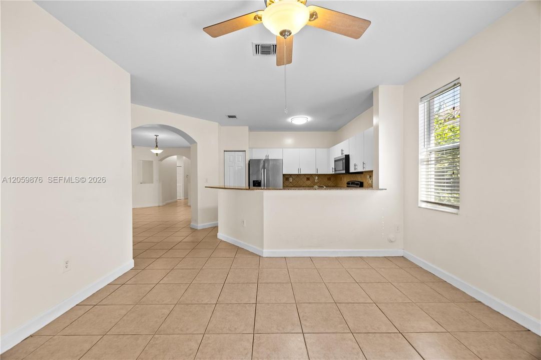 View of the kitchen from the family room.
