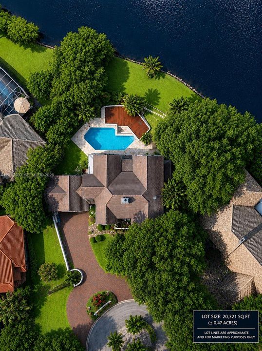 Disclaimer: Aerial rendering is to accurately illustrate the property's overall layout. Some existing features, including the BBQ area and koi pond, are not shown. (Full set of professional photos to come)