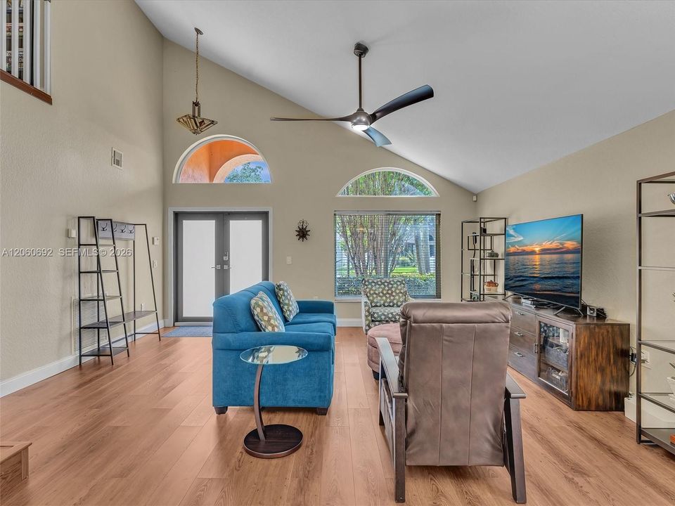 Spacious living room with vaulted ceilings