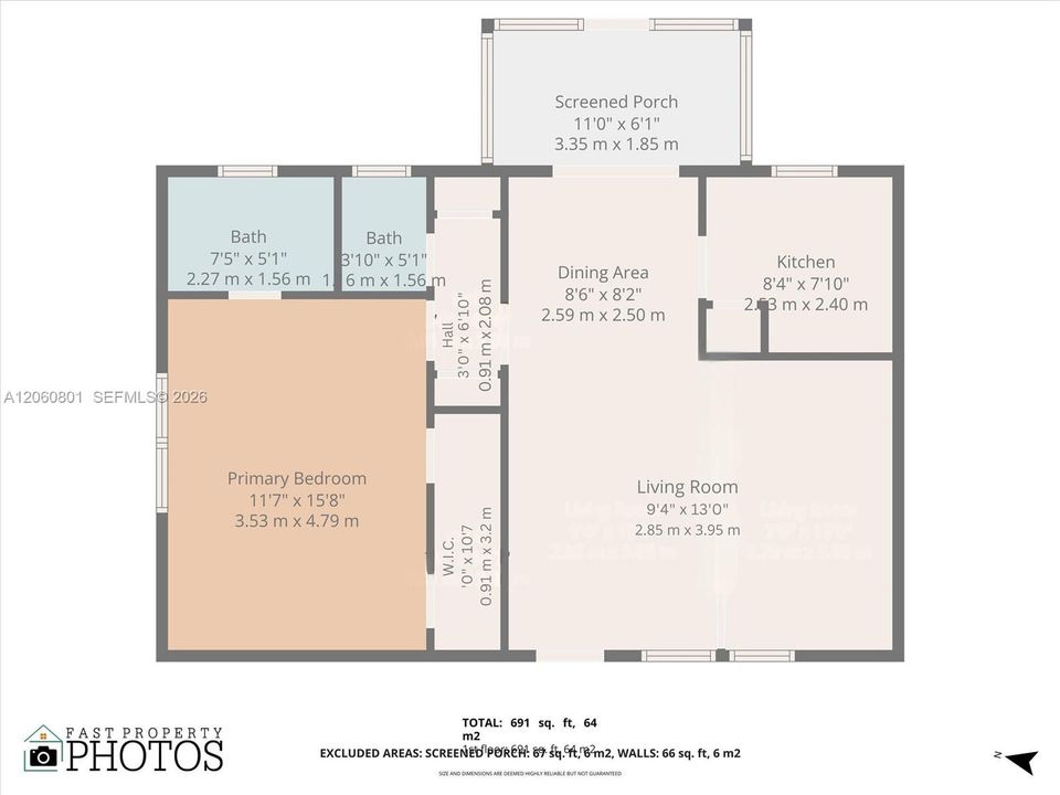 1BR/1.5BA unit floor plan layout