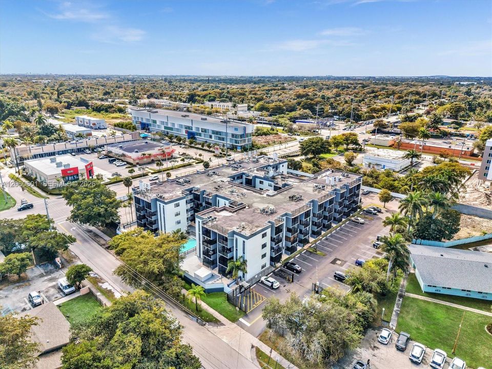 Aerial view of building and surrounding area