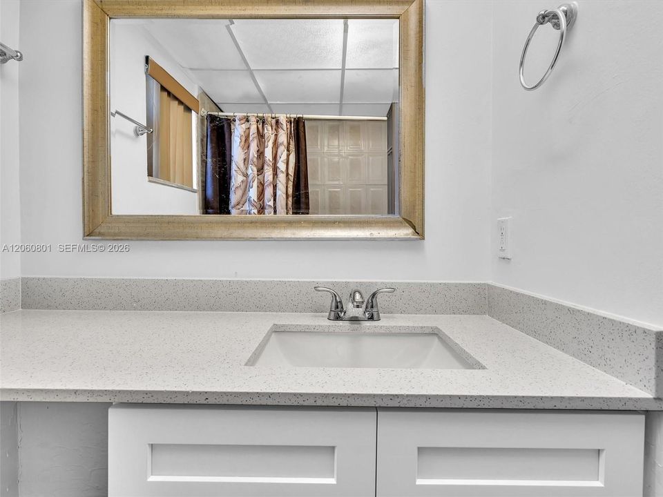 Primary bathroom vanity and mirror
