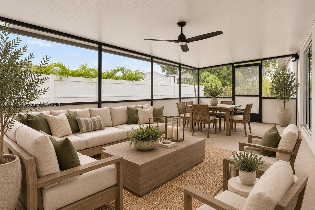 Virtually staged screened covered terrace