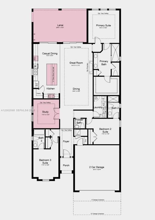 Floor Plan - Additional Highlights Include: tray ceiling package, 8' interior doors, GE Café appliance package, laundry appliance package, refrigerator, wood valance range hood, pool and spa prewire, and impact windows throughout the whole house