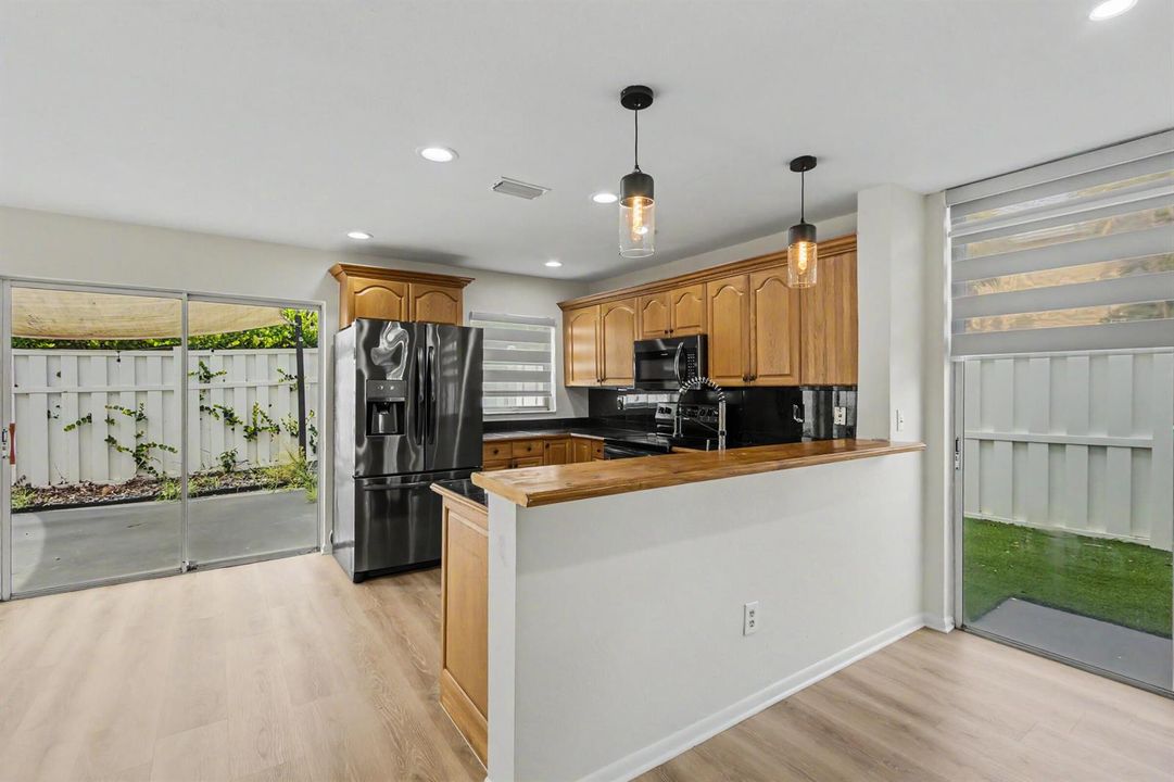 Kitchen and view to backyard