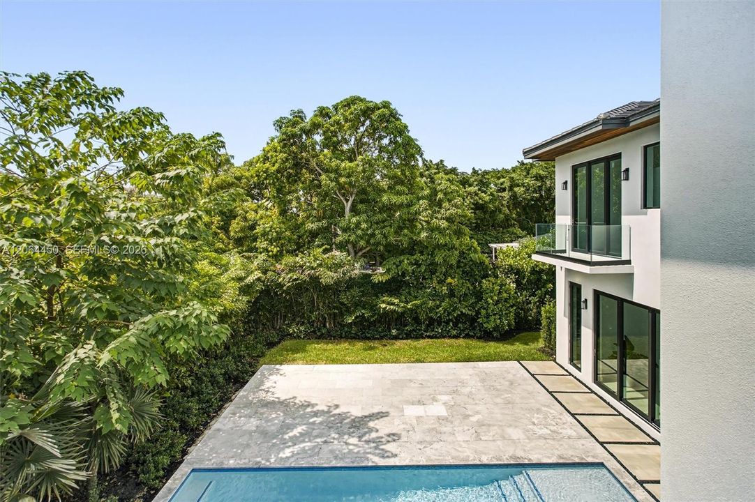 Aerial view of the pool and patio