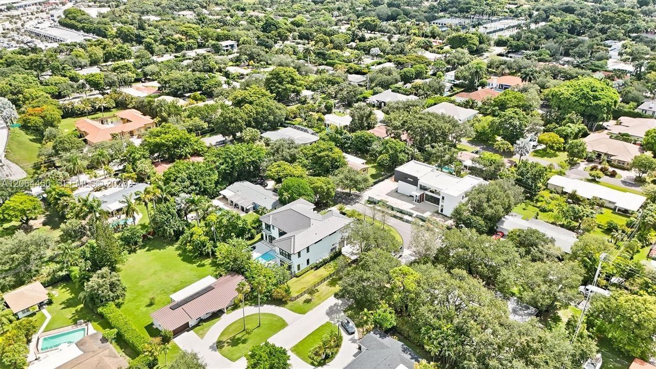 Aerial view of the neighborhood and greenery