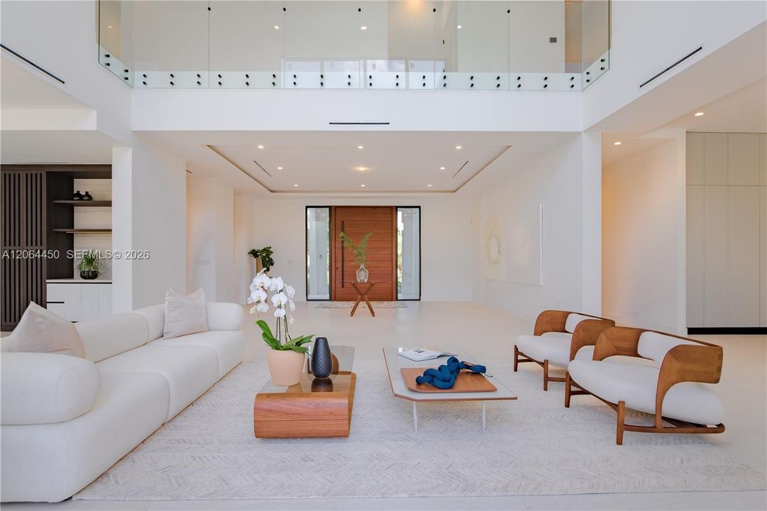 Living area with high ceilings