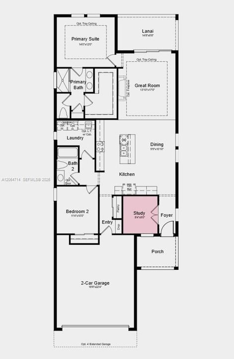 Floor Plan - Additional Highlights Include: refrigerator, thickened island counter, tray ceiling package, extended 4' garage extension, prewired for future pool or spa, and base cabinet with sink in laundry room