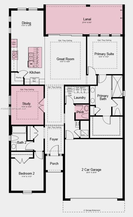 Floor Plan - Additional Highlights Include: tray ceiling package, 4' garage extension, powder room in place of storage closet, outdoor kitchen rough-in, pool/spa prewire with gas stub-out, laundry package, refrigerator, and 8' interior doors.