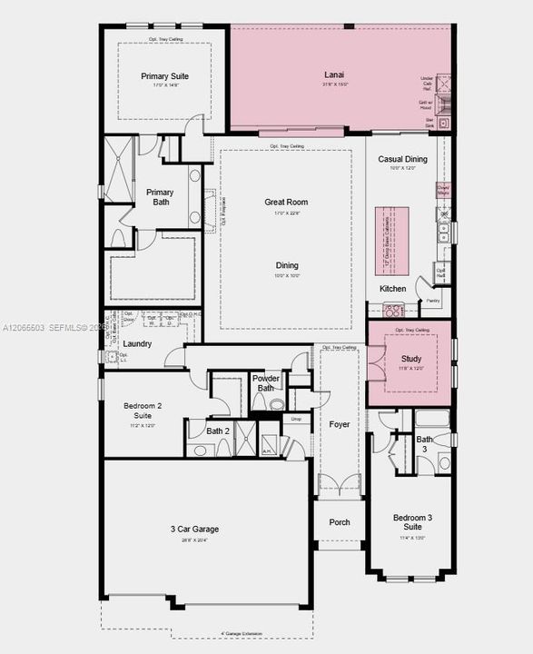 Floor Plan -  Additional Highlights Include: tray ceiling package, 4' garage extension, and upgraded appliances