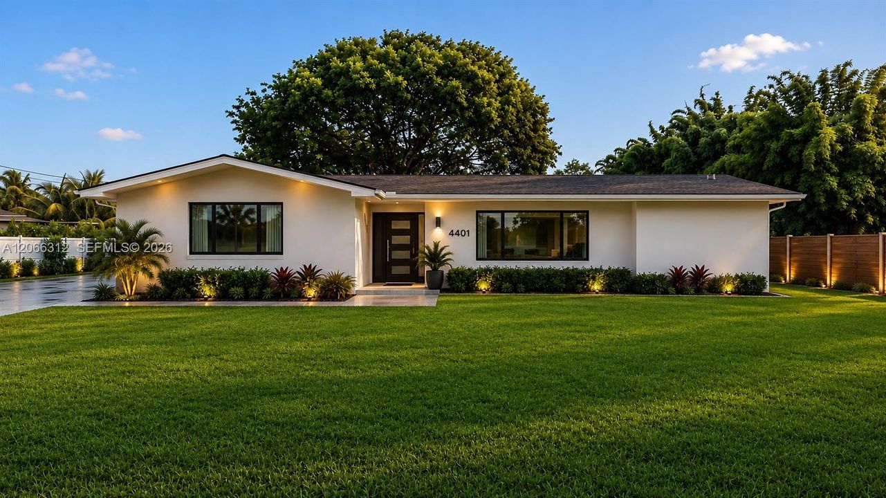 Virtually Rendered to show new paint, impact glass, landscaping, Drive