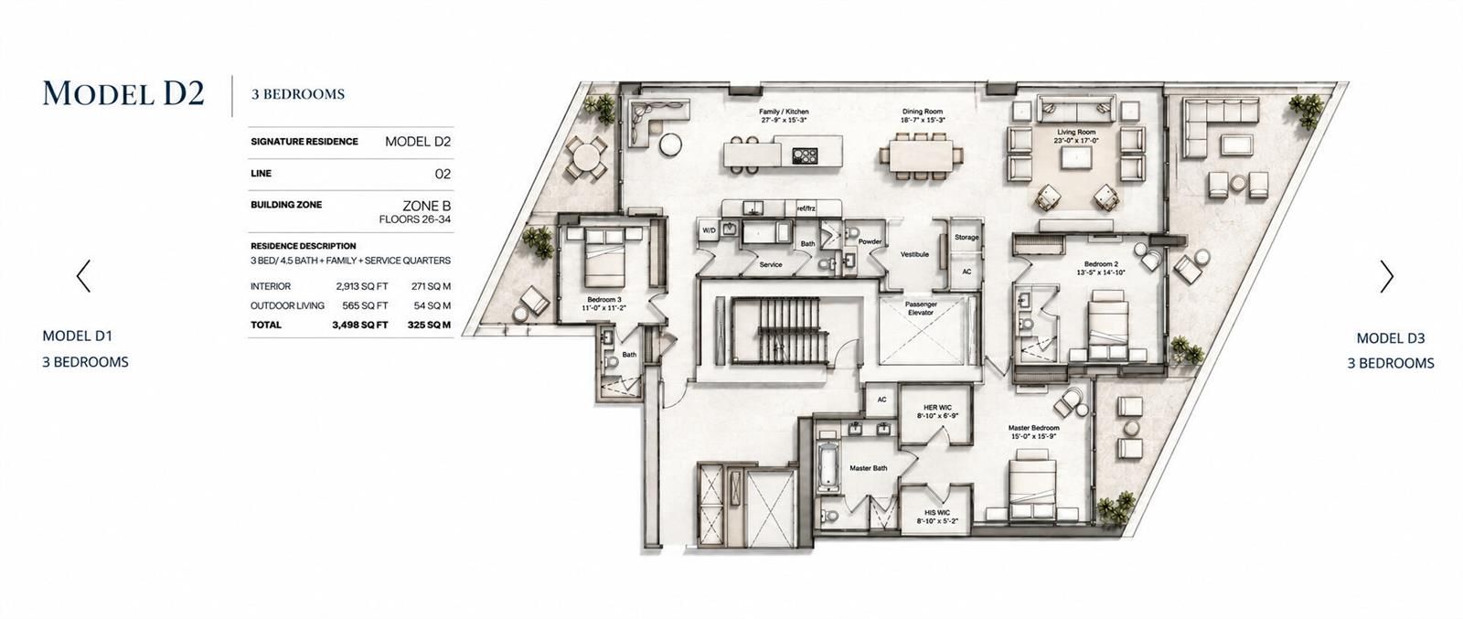 Model D2 Three-Bedroom Floor Plan