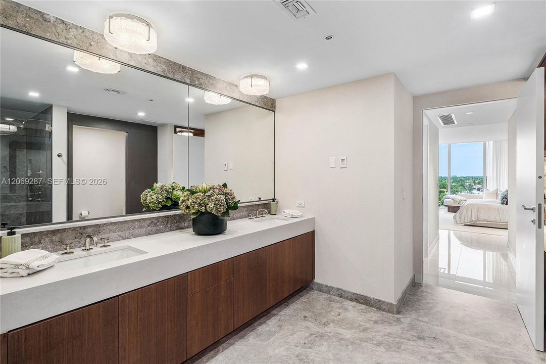 Dual Sinks with Full Mirrored Wall