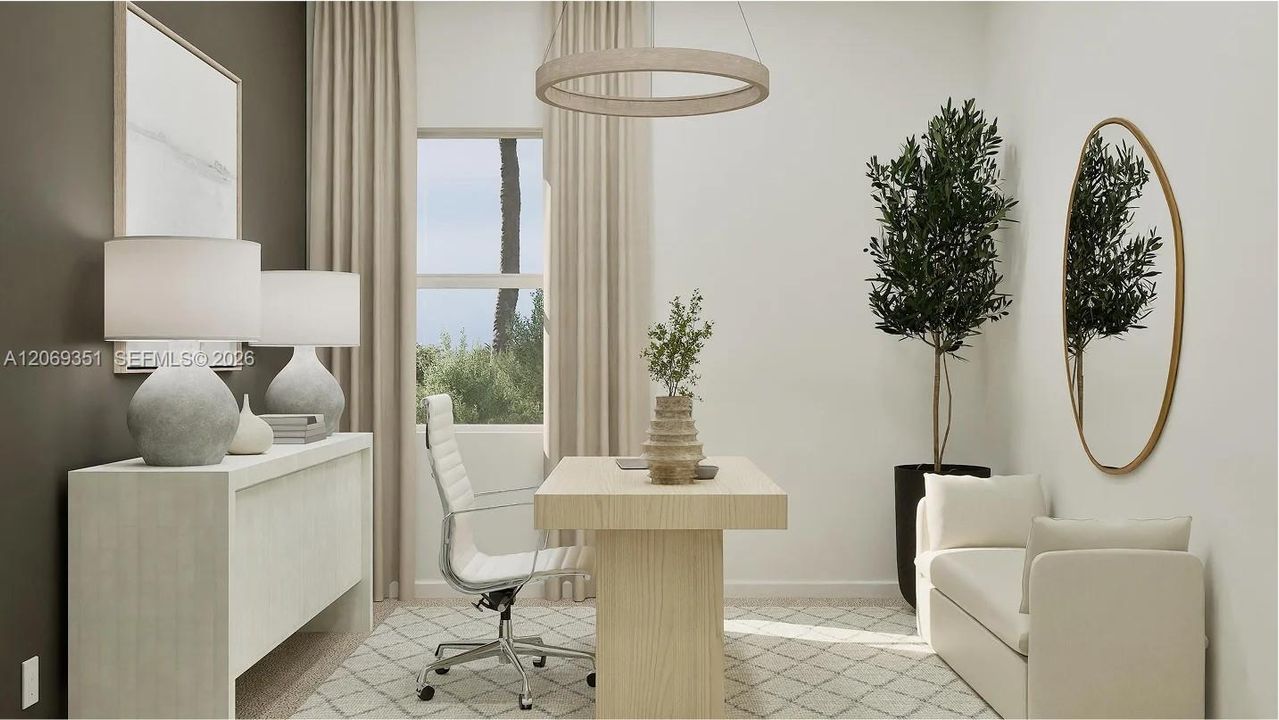 This bedroom boasts a prime location on the first floor, perfect for a guest suite or home office, as shown here.