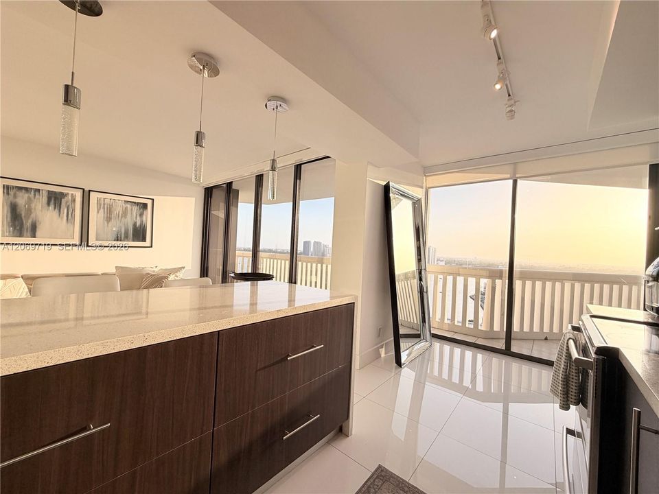 kitchen with view to living room and open countertop