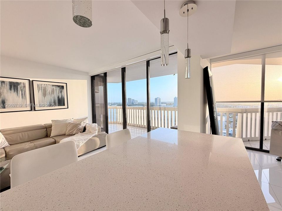kitchen with view to living room and open countertop