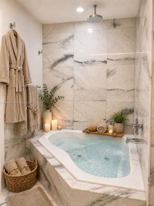 Spa-inspired master bathroom featuring a jetted soaking tub surrounded by marble-style tile, a ceiling-mounted rainfall showerhead, polished chrome fixtures, and recessed lighting. The bright, calming design creates a private retreat ideal for relaxing and unwinding.