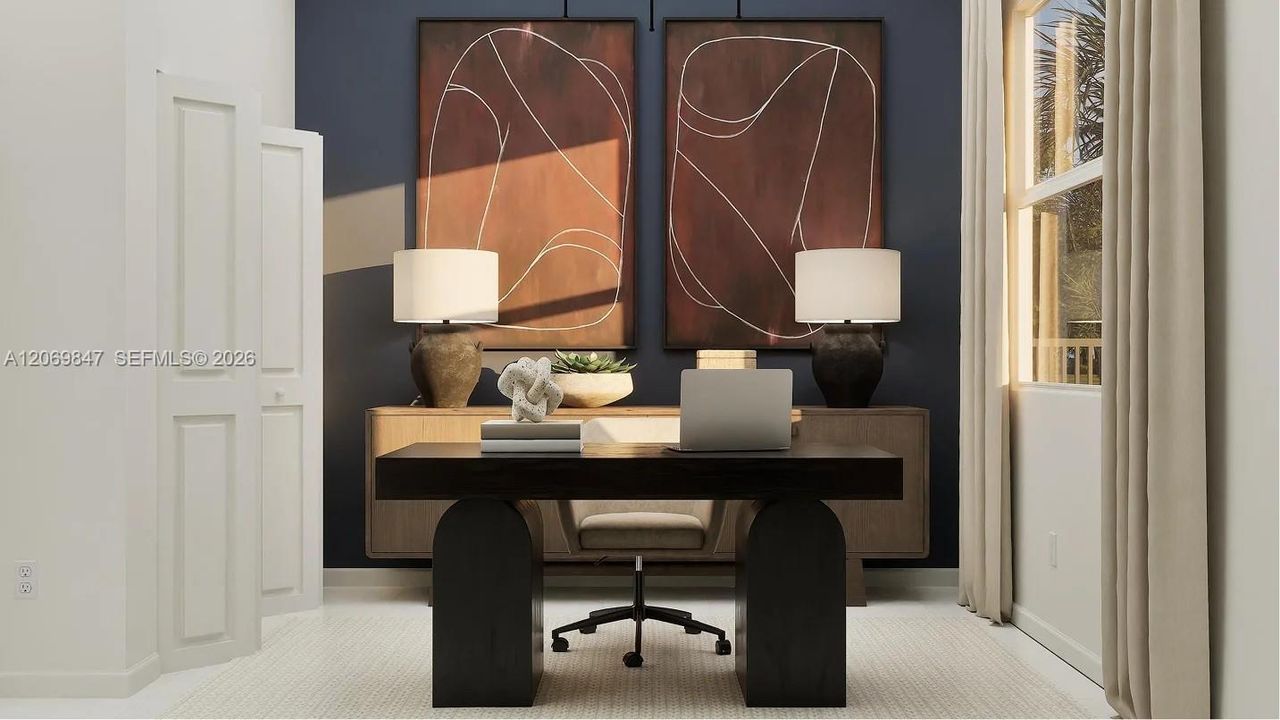 This first-floor bedroom offers a flexible space perfectly suited as a guest suite or home office.
