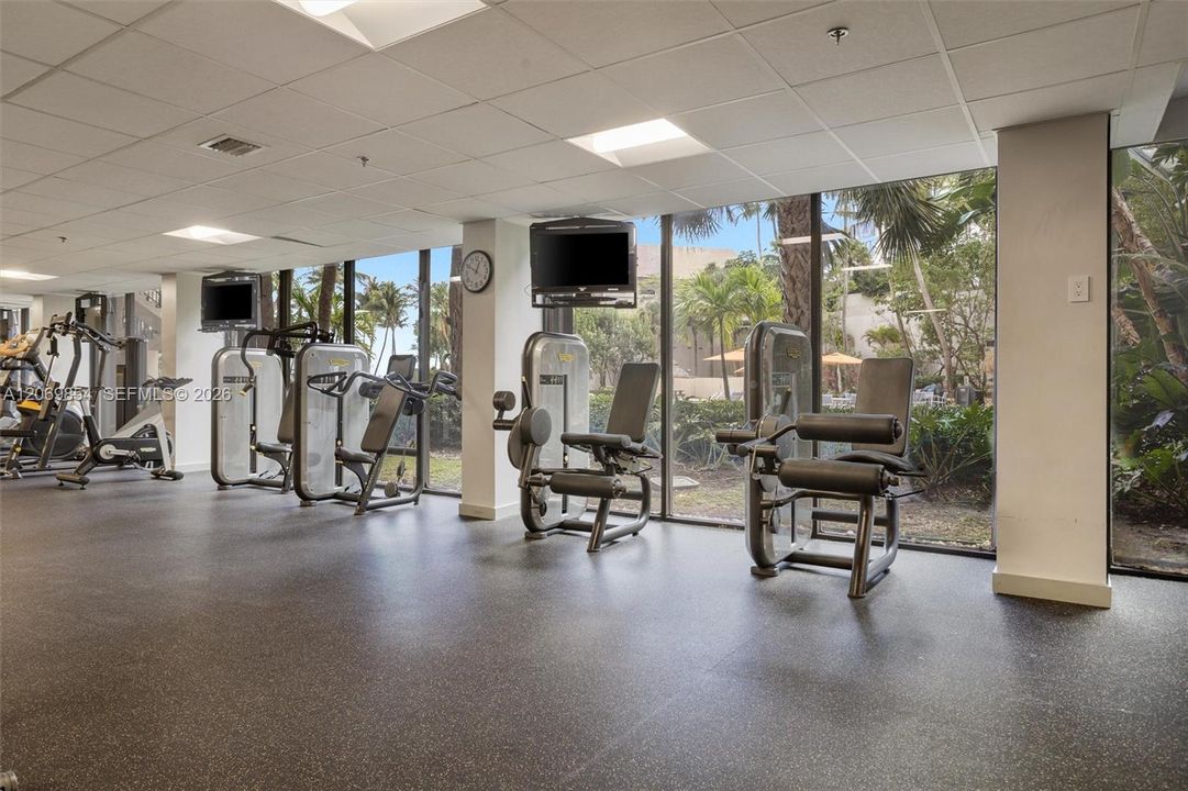 Stay active in this beautifully designed amenity gym, featuring top-of-the-line fitness equipment and an inspiring atmosphere. Floor-to-ceiling windows provide an abundance of natural light while offering picturesque views of the lush pool area, creating the perfect workout setting. Whether you prefer strength training, cardio, or stretching, this fully equipped facility has everything you need to meet your fitness goals. Enjoy a refreshing workout in a bright, open space.