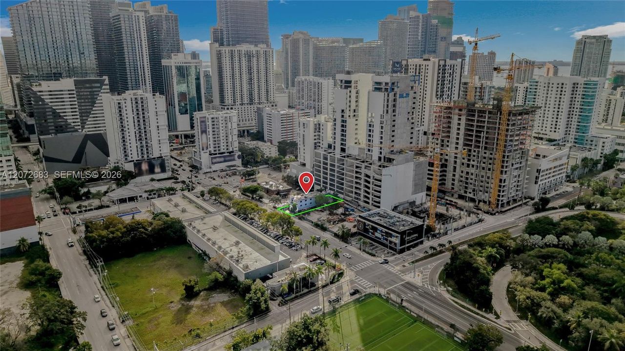 PRIME BRICKELL REDEVELOPMENT OPPORTUNITY featuring a highly visible corner-positioned parcel along SW 8th Street, surrounded by major new development and Miami’s rapidly evolving urban core. Exceptional exposure, strong traffic visibility, and a strategic location just moments from Brickell City Centre, Downtown Miami, and major transit connections make this an outstanding site for a future high-density development. The aerial view highlights the parcel’s valuable footprint within one of Miami’s most dynami